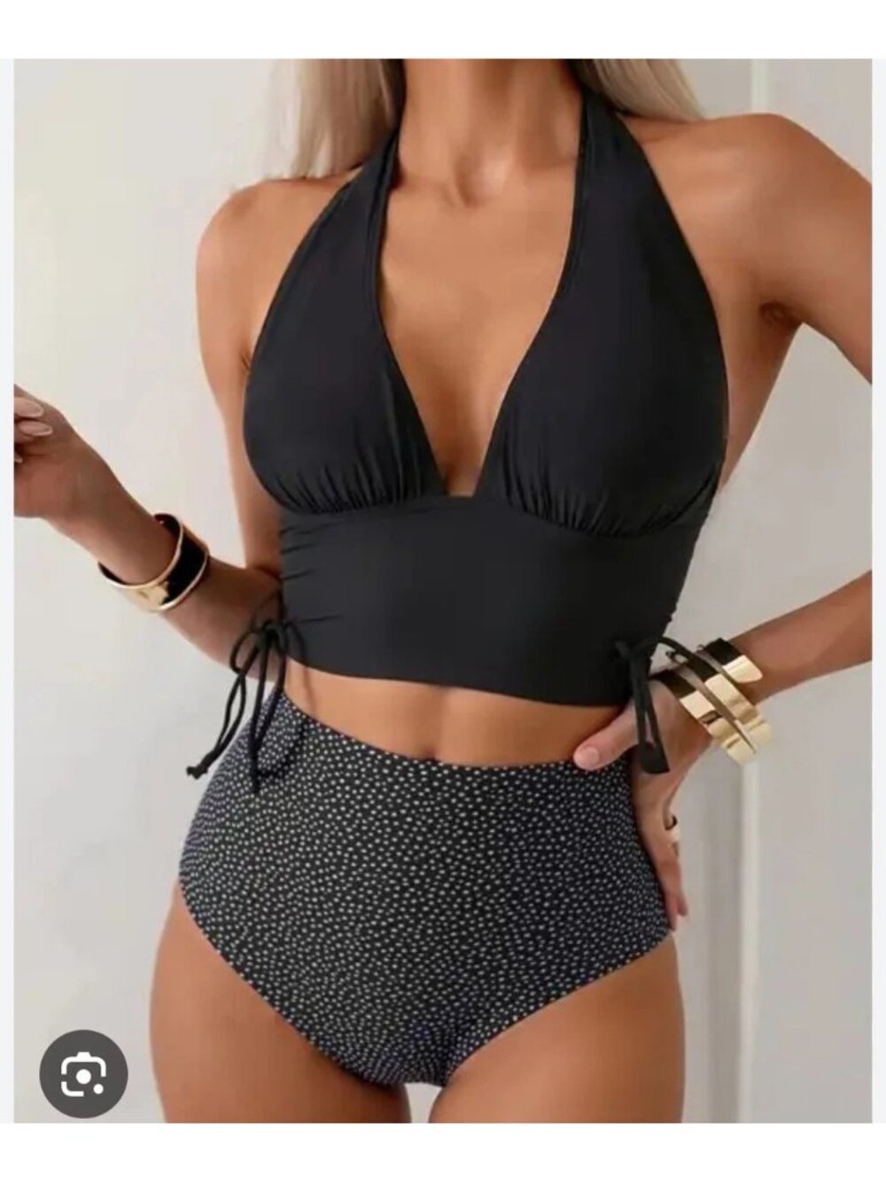 NWT Two-Piece Black Halter Bikini Set  High-Waist Polka Dot Womens M
